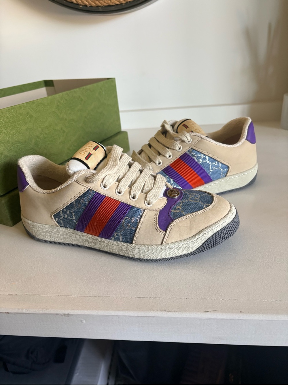 Gucci Beige Sneakers with Purple & Red Stripes